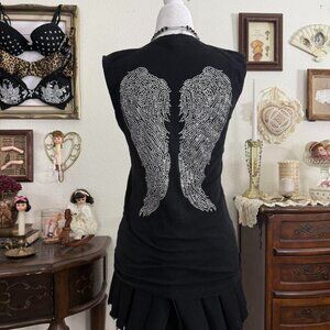 Cyber y2k mall goth grunge mcbling black sleeveless top w rhinestone angel wings